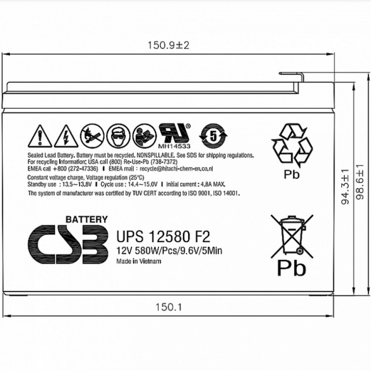 Аккумуляторная батарея CSB UPS12580 F2 (12В / 365Ач, 0Клемма: F2, ДхШхВ: 151x65x99, срок службы: 5 лет, вес: 2,83кг) (CSB UPS12580 F2)