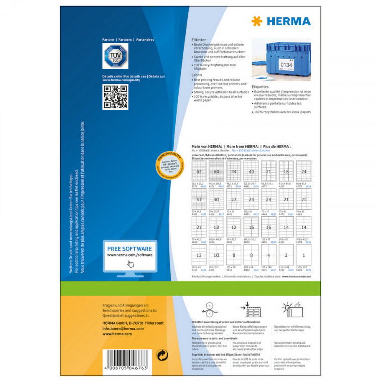 HERMA 4676 Этикетки самоклеющиеся Бумажные А4, 105.0 x 148.0, цвет: Белый, клей: перманентный, для печати на: струйных и лазерных аппаратах, в пачке: 100 листов/400 этикеток