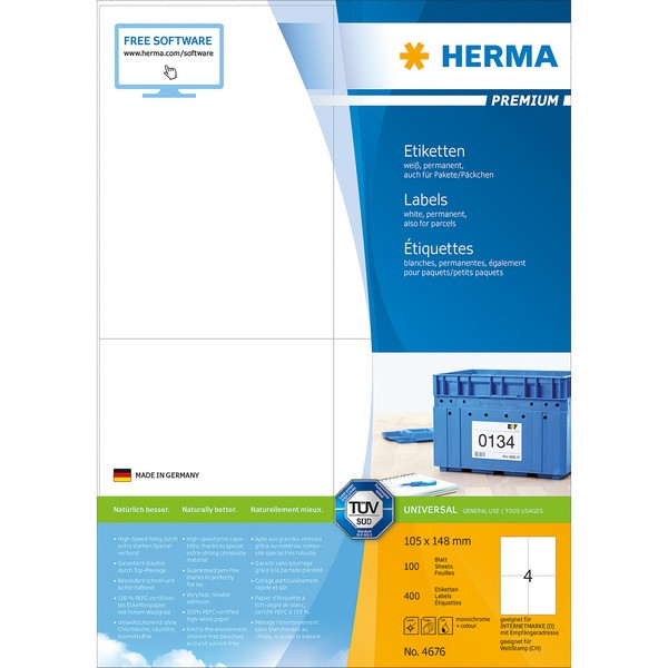 HERMA 4676 Этикетки самоклеющиеся Бумажные А4, 105.0 x 148.0, цвет: Белый, клей: перманентный, для печати на: струйных и лазерных аппаратах, в пачке: 100 листов/400 этикеток