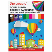 Картон цветной BRAUBERG А4, 48 листов, 12 цветов, тонированный в массе, склейка, 180 г/м2, 210х297 мм, 1 шт. (BRAUBERG 124744)