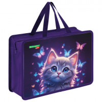 Папка на молнии с ручками BRAUBERG KIDS А4, 1 отделение, пластик, 100 мм, "Curious cat", 273376