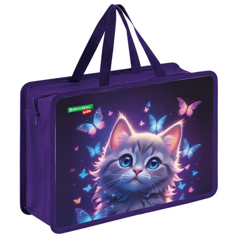 Папка на молнии с ручками BRAUBERG KIDS А4, 1 отделение, пластик, 100 мм, "Curious cat", 273376