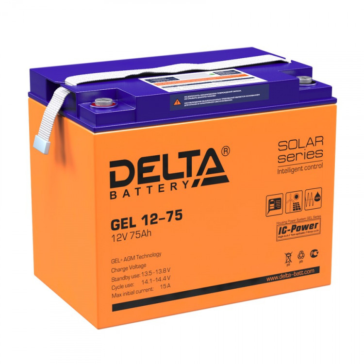 Energon Delta GEL 12-75 Аккумуляторная батарея DELTA GEL 12-75 (12В / 75Ач, Тип: AGM;Гелевый, Клемма: Болт М6, ДхШхВ: 260х168х219мм (Полная высота: 219мм), срок службы: 10-12 лет, Гарантия: 1г, вес: 23кг)