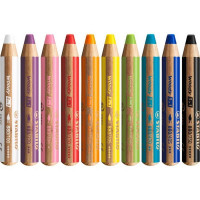 Набор цветных карандашей STABILO woody, 3 в 1 Arty : цветные карандаши, акварель и восковые мелки, супертолстые, 10 цветов + точилка, упаковка пакет (STABILO 8880/10-1-20 BAG)