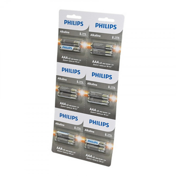 Батарейка PHILIPS Alkaline LR03A12S/51 LR03 отрывной 2*6 BL12 (Комплект 2 шт.)