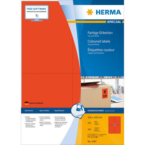 HERMA 4397 Этикетки самоклеющиеся Бумажные А4, 105.0 x 148.0, цвет: Красный, клей: перманентный, для печати на: струйных и лазерных аппаратах, в пачке: 100 листов/400 этикеток