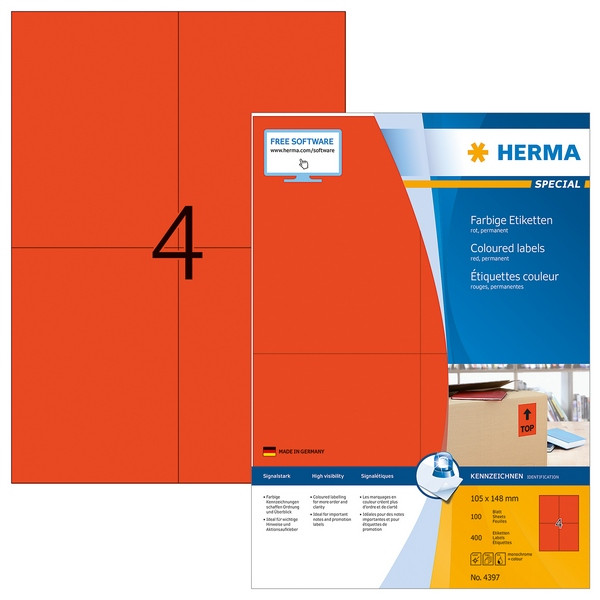 HERMA 4397 Этикетки самоклеющиеся Бумажные А4, 105.0 x 148.0, цвет: Красный, клей: перманентный, для печати на: струйных и лазерных аппаратах, в пачке: 100 листов/400 этикеток