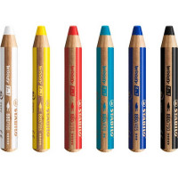 Набор цветных карандашей STABILO woody, 3 в 1 Arty : цветные карандаши, акварель и восковые мелки, супертолстые, 6 цветов + точилка, упаковка пакет (STABILO 8806-1-20 BAG)