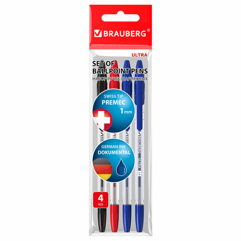 Ручки шариковые BRAUBERG "ULTRA", НАБОР 4 штуки (2 синих, 1 черная, 1 красная), узел 1 мм, 143569