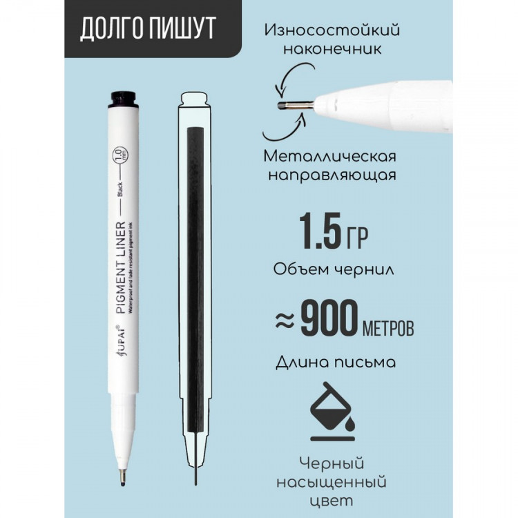 Набор капиллярных ручек JUPAI 9 шт черные, наконечники: 0,05мм, 0,1мм, 0,2мм, 0,3мм, 0,4мм, 0,5мм, 0,8мм, 1мм, кисть, корпус белый, в пластиковом футляре (JUPAI 8805-9)