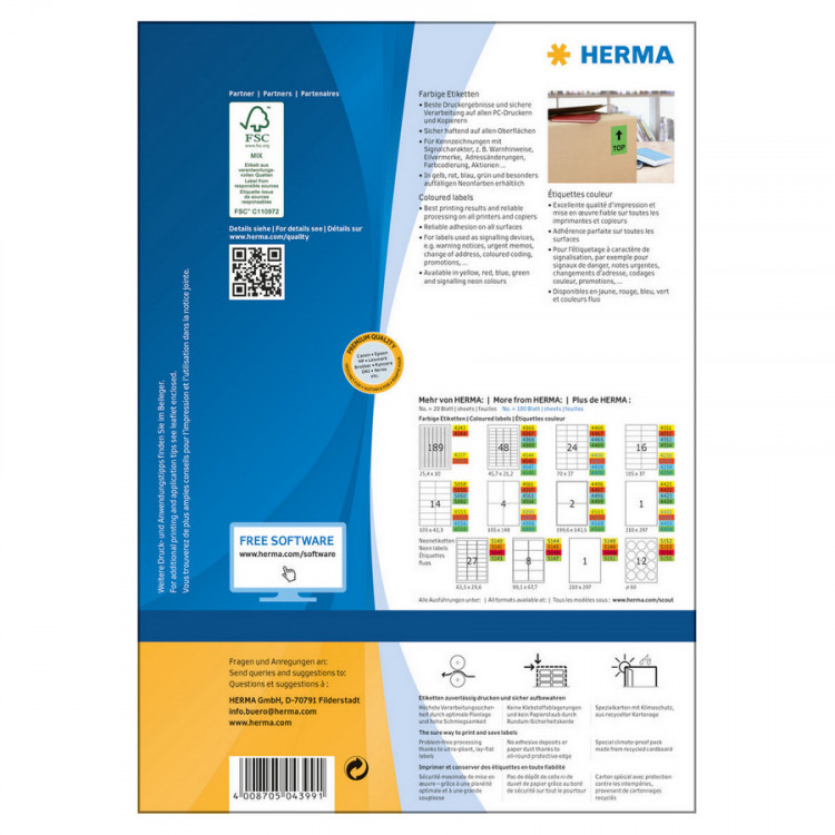 HERMA 4399 Этикетки самоклеющиеся Бумажные А4, 105.0 x 148.0, цвет: Зеленый, клей: перманентный, для печати на: струйных и лазерных аппаратах, в пачке: 100 листов/400 этикеток