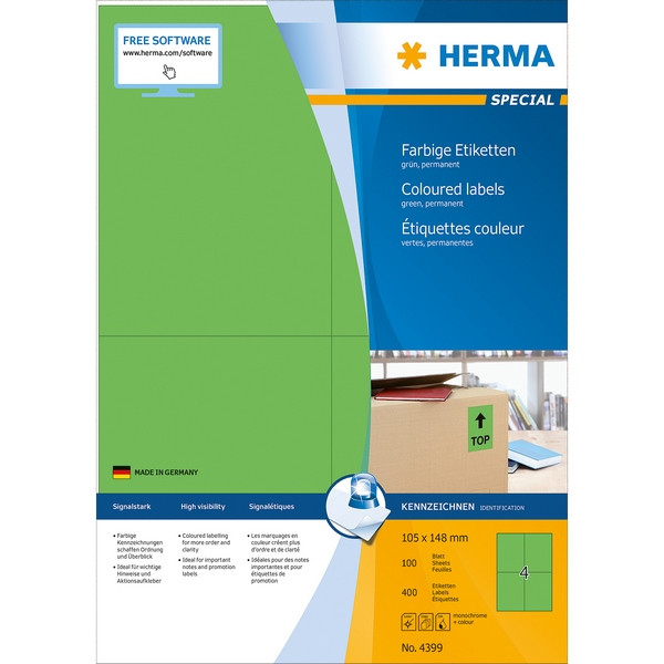 HERMA 4399 Этикетки самоклеющиеся Бумажные А4, 105.0 x 148.0, цвет: Зеленый, клей: перманентный, для печати на: струйных и лазерных аппаратах, в пачке: 100 листов/400 этикеток