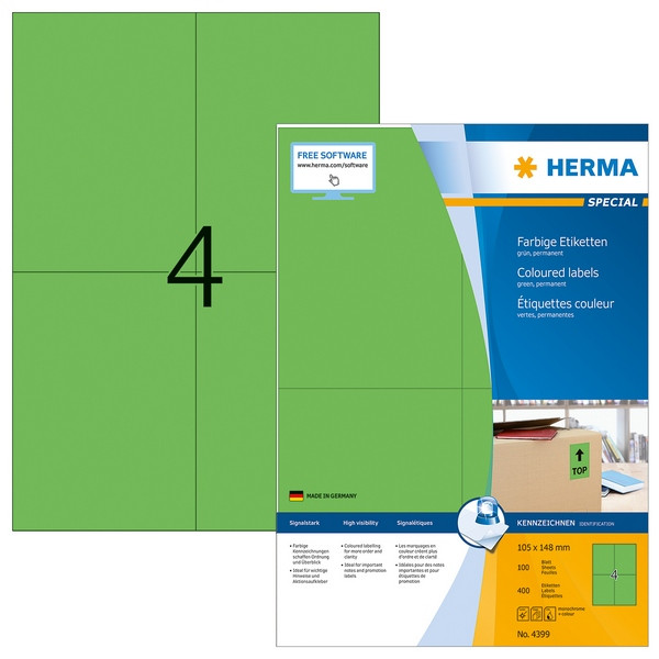 HERMA 4399 Этикетки самоклеющиеся Бумажные А4, 105.0 x 148.0, цвет: Зеленый, клей: перманентный, для печати на: струйных и лазерных аппаратах, в пачке: 100 листов/400 этикеток