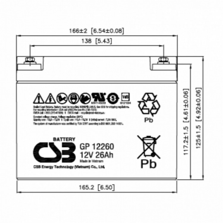 Аккумуляторная батарея CSB GP12260 (12В / 26Ач, Клемма: Болт М5, ДхШхВ: 166x175x125, срок службы: 5 лет, вес: 8,45кг) (CSB GP12260)
