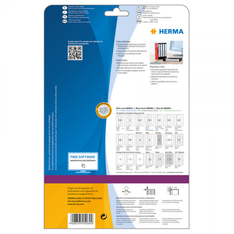 HERMA 5069 Этикетки самоклеющиеся для Видеокассет Бумажные А4, 147.3 x 20.0, цвет: Белый, клей: перманентный, для печати на: струйных и лазерных аппаратах, в пачке: 25 листов/325 этикеток