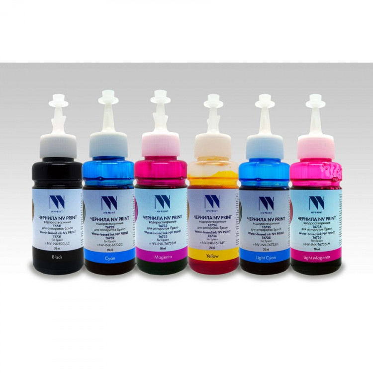 NV Print NVP-INK-T673-6 Чернила водорастворимые T6731 - T6736  для аппаратов Epson L800, L805, L810, L8158, L850, L1800, комплект 6 цветов по 70 мл, совместимые