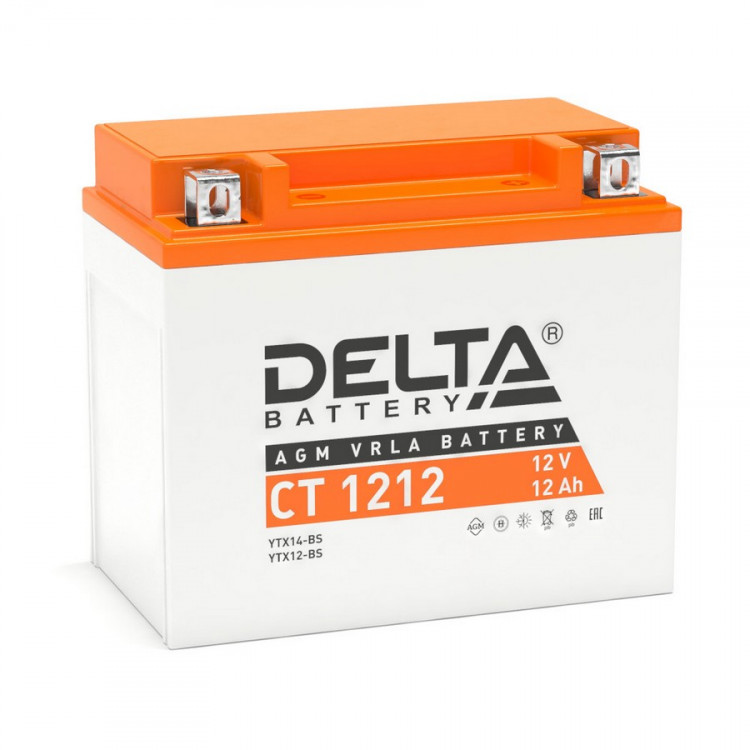 Energon Delta CT 1212 Мото аккумулятор DELTA CT 1212 (12В / 12Ач, Тип: AGM, Клемма: Болт + гайка Ø 6 мм, ДхШхВ: 150х86х131, срок службы: 5 лет, Гарантия: 1г, вес: 3,41кг)