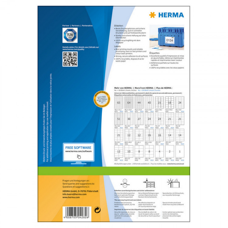 HERMA 4282 Этикетки самоклеющиеся Бумажные А4, 210.0 x 148.0, цвет: Белый, клей: перманентный, для печати на: струйных и лазерных аппаратах, в пачке: 100 листов/200 этикеток