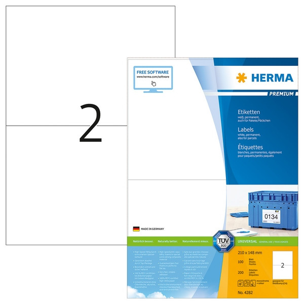 HERMA 4282 Этикетки самоклеющиеся Бумажные А4, 210.0 x 148.0, цвет: Белый, клей: перманентный, для печати на: струйных и лазерных аппаратах, в пачке: 100 листов/200 этикеток
